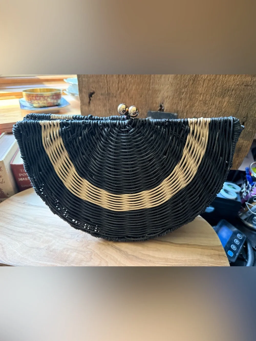 Tabitha Brown Target Geometric Woven Rattan Clutch Black White Kiss Lock Bag
